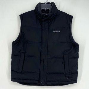 Roots Mens Medium Down Puffer Vest Black Hidden Hood Lots Pockets Zip Up Snaps